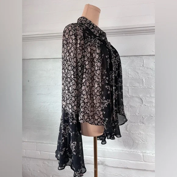 FreePeople Serena Black Floral Blouse Sheer Button Up Ditzy Cottage Witch Size M - Picture 5 of 16